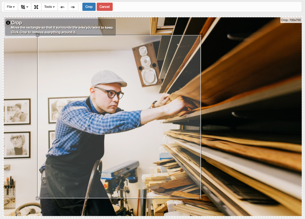 The height-to-width ratio here has been set at 1:1 when adjusting this Shopify image size. That means that you can choose any part of the image you want and it will always select a perfect square size for you.