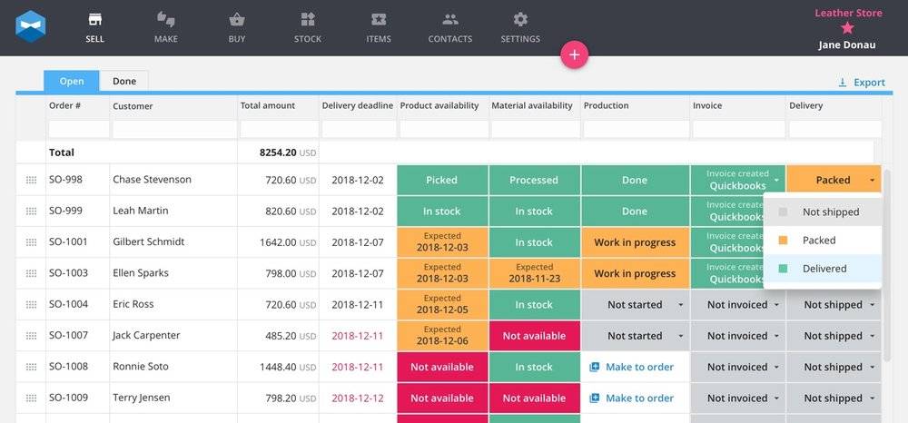 Katana paints you a color-coded picture of your QuickBooks order management so that you always know how your orders are getting along. Plus, generating your QuickBooks invoices is just a matter of clicking a button, no need to go back and forth between the software.
