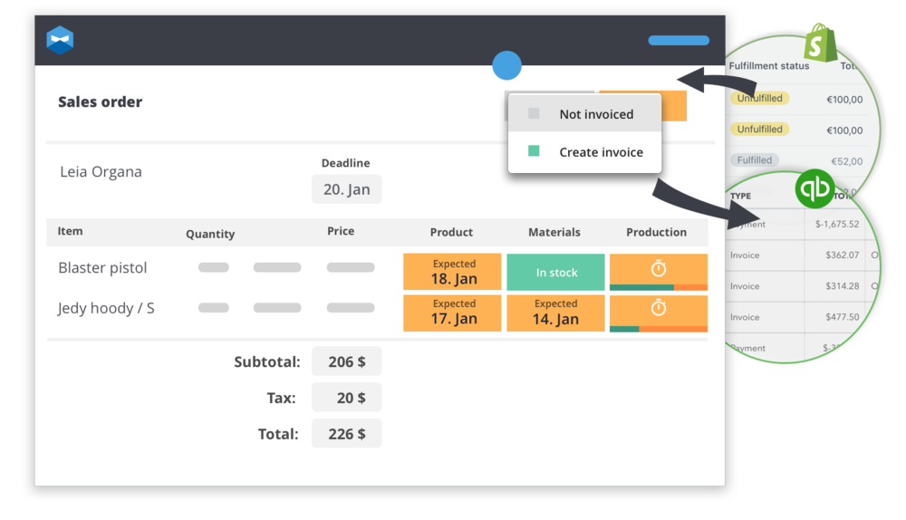 Click “Create invoice” in your Katana sales view and the invoice is automatically sent to your QuickBooks account. Once it’s been done you’ll see a pretty little icon to show the sync is complete. Simple as that.