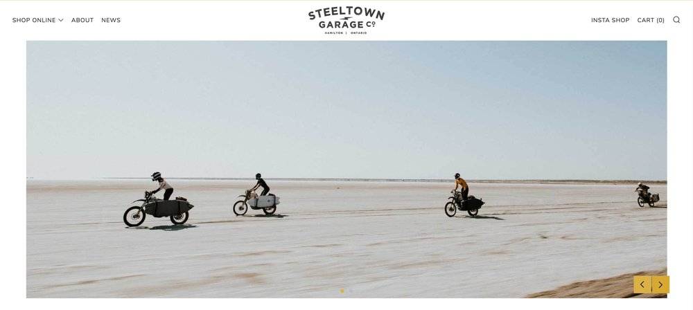 The Shopify slideshow images used by “Steeltown Garage Co” guys are simply stunning. Super stylish and show off the brand right off the bat. You don’t need to think long and hard to read any messages here, just breathe that sleek air.