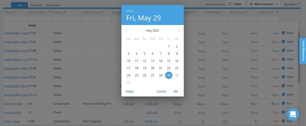 At the Items screen you can select the date of previous stock levels you wish to investigate.