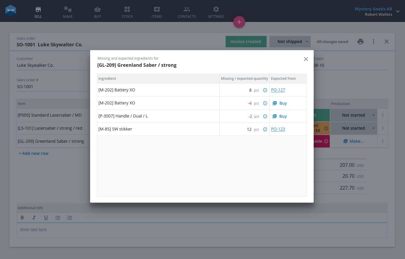Users can now see expected and missing ingredients on their sales order cards.